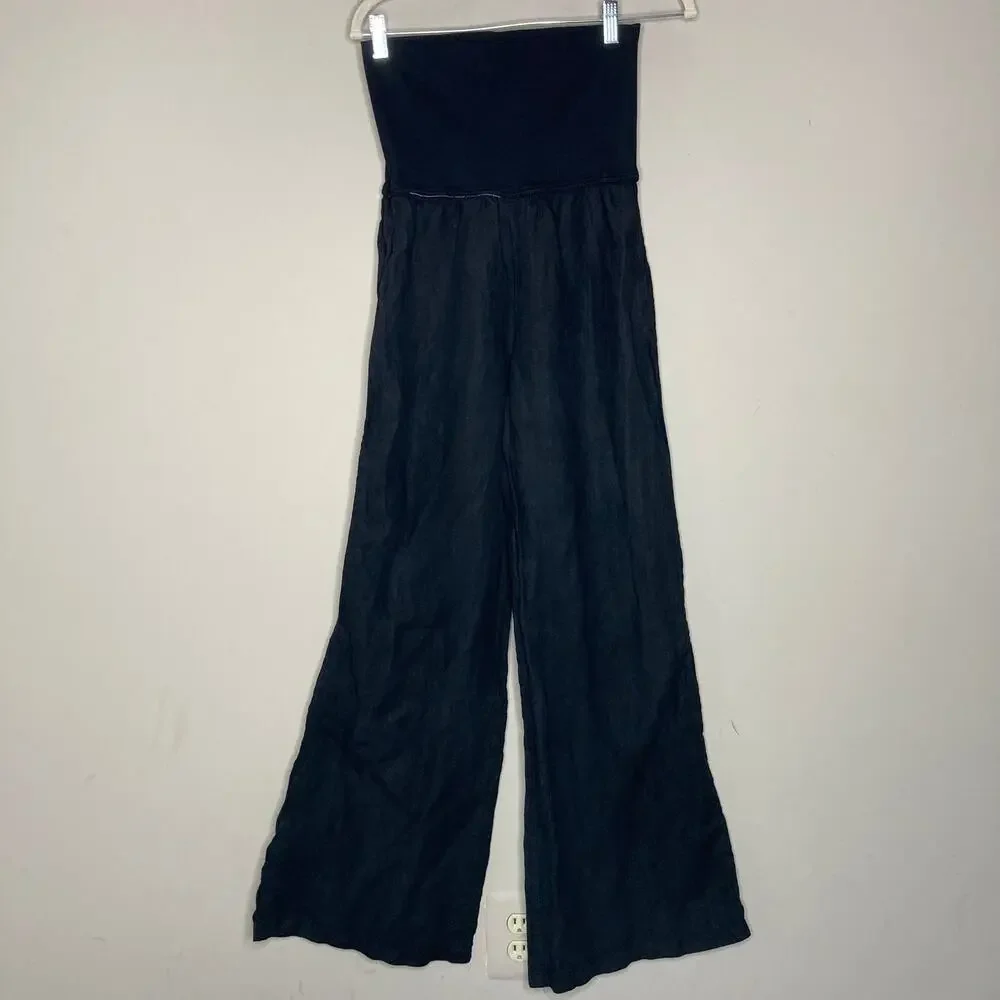 Bella Dahl Summer 100% Linen Roll Over Pants Palazzo Wide Leg Black Womens Sz M - Picture 2 of 16